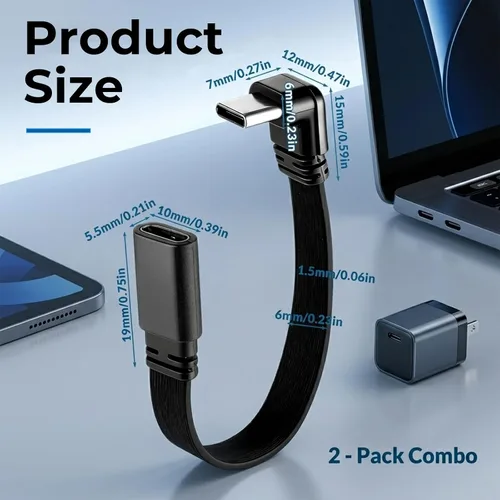 Vista 3 de Xthrotsenk 2 cables de extensión USB-C de 90 grados, plano de 4 pulgadas, macho a hembra, USB C a USBC en ángulo recto, cable de carga USBC de 3.9
