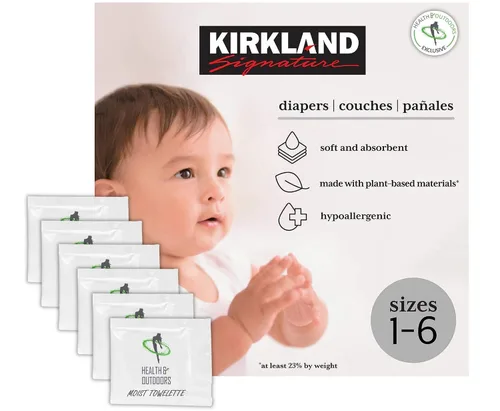 Vista 2 de Kirkland Pañales Signature talla 1 (hasta 14 libras) 192 unidades con toallitas exclusivas para la salud y el aire libre