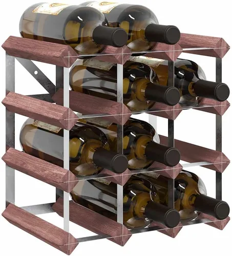 Vista 4 de 4 Tier Rustic Wine Rack for 12 Bottles, Brown Solid Pine Wood with Galvanized Steel Frame