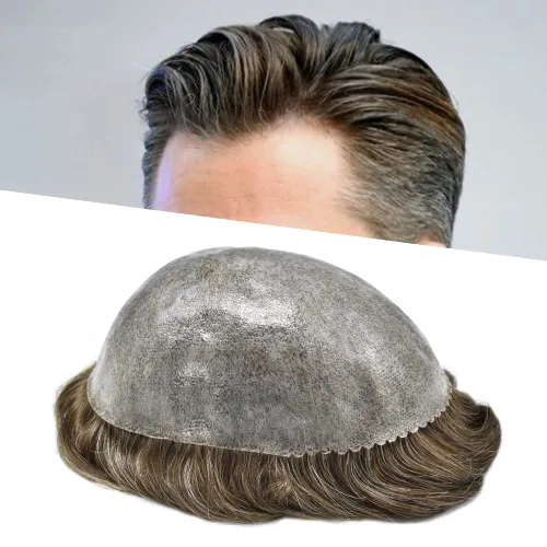 Vista 46 de Toupee para hombre 100% cabello humano real tupé para hombres 0.004 in piel de poliuretano para hombre, sistema de reemplazo de piezas de pelo