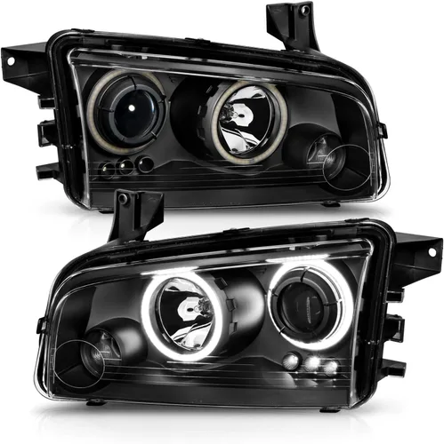Vista 2 de AmeriLite Juego de faros delanteros de repuesto para Dodge Charger Dual Xtreme 2006-2010 con anillos de halo LED, color negro, lado del pasajero