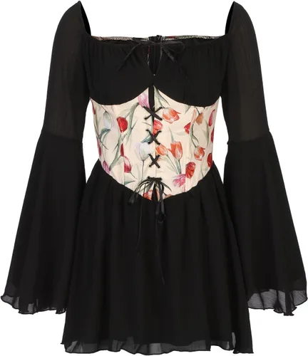 Vista 5 de Disfraz de mujer para Halloween, vestido renacentista para mujer, vestido de gasa con manga acampanada, vestido de corsé negro, vestido de novia
