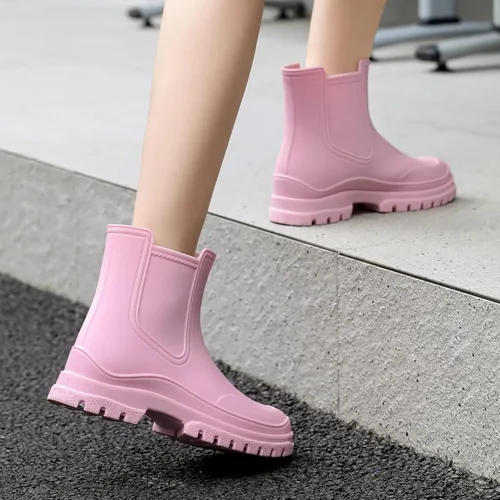 Vista 6 de Hsttgsr Botas de lluvia para mujer, cómodos botines elásticos para adultos, botas Chelsea de tacón medio a la moda, impermeables, antideslizantes