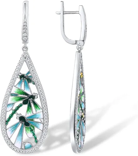 Vista 2 de Santuzza Aretes de plata de ley 925 con circonita cúbica esmaltada y libélula para mujer, Plata de ley Circonita cúbica, Circonia cúbica