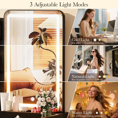 Vista 3 de Memobarco Escritorio pequeño con espejo y luces, tocador de maquillaje con cajón y estantes de almacenamiento, escritorio de tocador con 3 modos