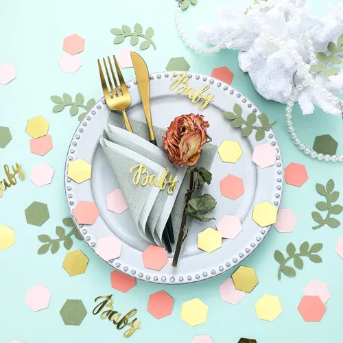 Vista 3 de 220 piezas de decoración de mesa de confeti para baby shower con eucalipto verde salvia dorado papel neutro de confeti disperso forma hexagonal