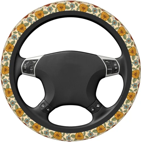 Vista 3 de Funda de volante vintage floral hippie de los 70, diseño de hongo retro, cubierta de volante de neopreno antideslizante para mujeres, hombres