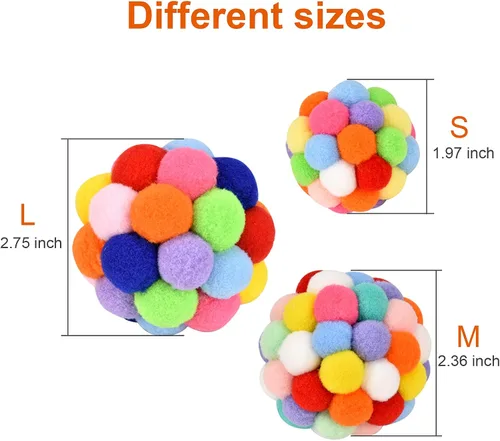 Vista 3 de TUSATIY Pelotas de juguete para gatos con campanilla, 3 piezas, coloridas bolas suaves y peludas con campanilla integrada para gatos, juguetes