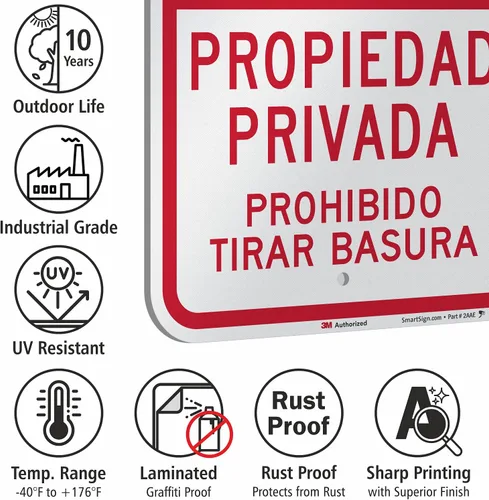 Vista 7 de SmartSign Letrero de metal bilingüe con texto en inglés "Private Property - No Dumping Allowed, Prohibido Tirar Basura" de 18 x 12 pulgadas