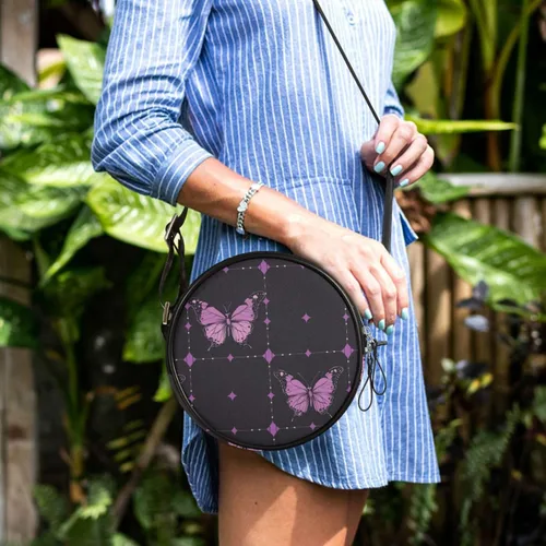 Vista 7 de Retro Purple Butterflies Pattern Round Crossbody Wallet Purse Women Practical with Adjustable Strap Mini Shoulder Bag Go shopping Canvas Messenger