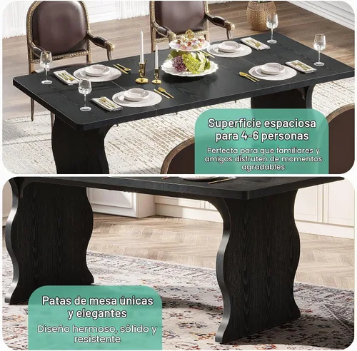 Vista 8 de Tribesigns Mesa de comedor negra para mesa de cocina moderna rectangular de 4 a 6 pulgadas, muebles de cocina y comedor grandes de granja