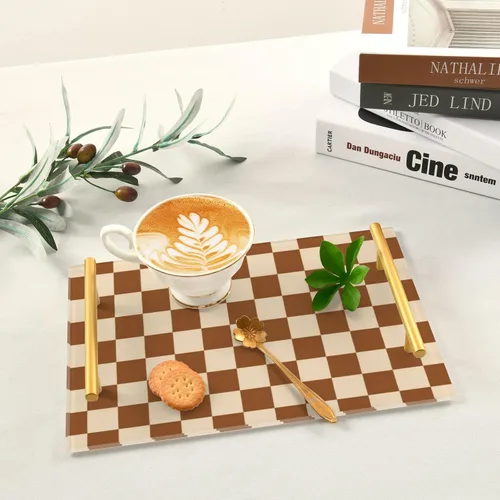Vista 6 de Bandeja decorativa de barra a cuadros americanos naranja y blanco con asas bandeja para mesa de centro para joyería perfume para sofá sirviendo