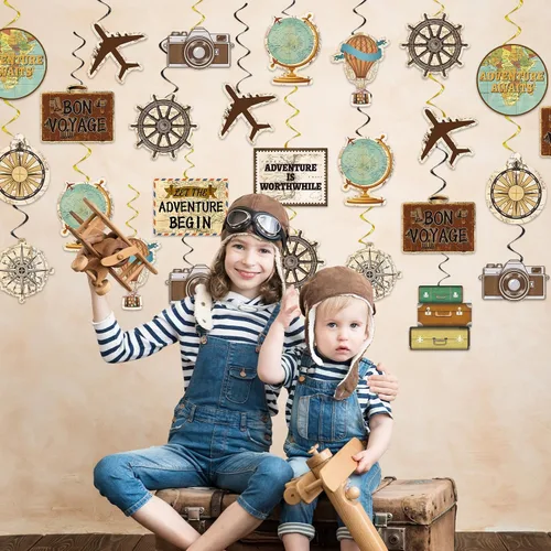 Vista 5 de Qyeahkj 84 piezas de decoración de fiesta temática de viaje Bon Voyage espirales colgantes Adventure Awaits Birthday Streamer Banner alrededor