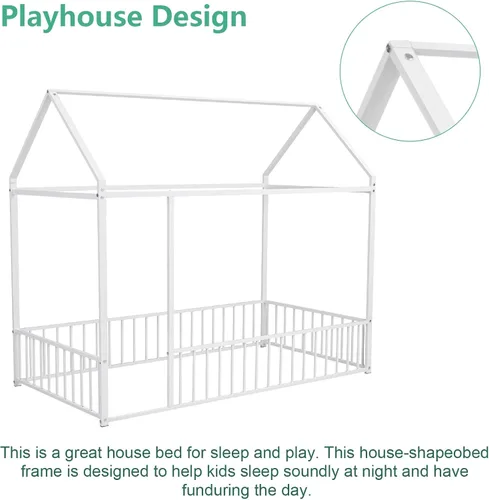 Vista 5 de Lakifun Casa de juegos de cama de metal de tamaño individual con barandillas de techo y valla para niños y niñas, marco de toldo Montessori de suelo