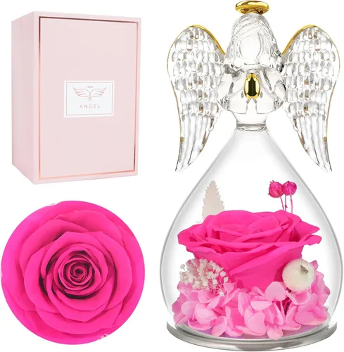 Vista 30 de Miofula Regalos para mamá, regalos de cumpleaños para mujeres, flores preservadas en figuras de ángel de cristal, flores frescas para entrega, Rosa