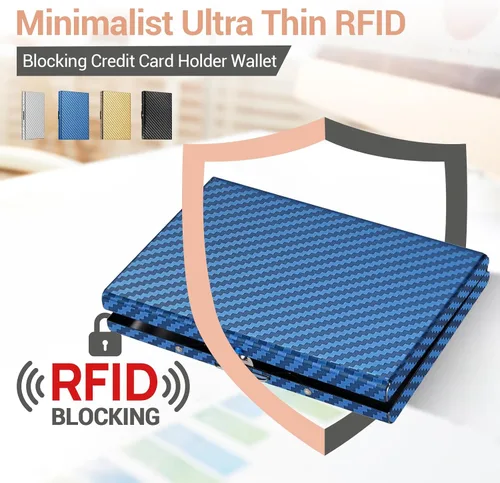 Vista 16 de BONSYL® Soporte para tarjetas de crédito, cartera delgada de metal con bloqueo RFID, con 6 ranuras para tarjetas, para mujeres y hombres.