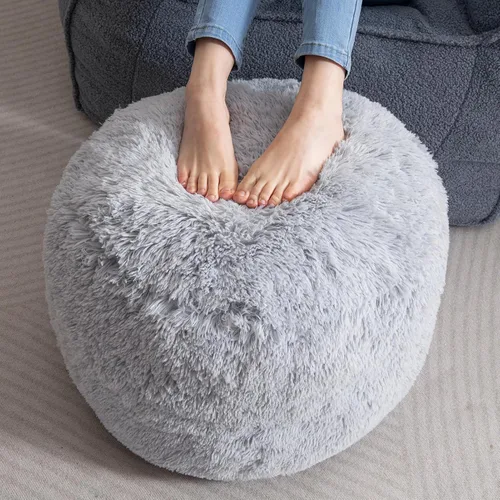 Vista 12 de HIGOGOGO Puf Otomán Redondo Relleno, Pufs Largos de Piel Sintética con Relleno de Trozos de Espuma, Puf Reposapiés Esponjoso y Peludo Otomán