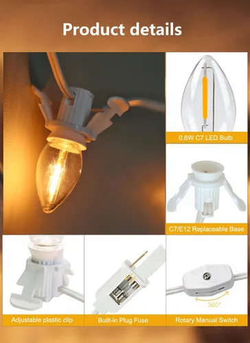 Vista 3 de Cable de accesorio con bombillas LED C7, cable de luz de molde de soplado de interior de 6 pies con enchufes macho y hembra para Halloween