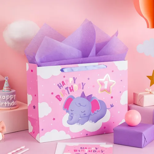 Vista 4 de WRAPAHOLIC Bolsa de regalo grande de 13 pulgadas con tarjeta y papel de seda, adorable bolsa de regalo de elefante para bebé, baby shower, fiesta
