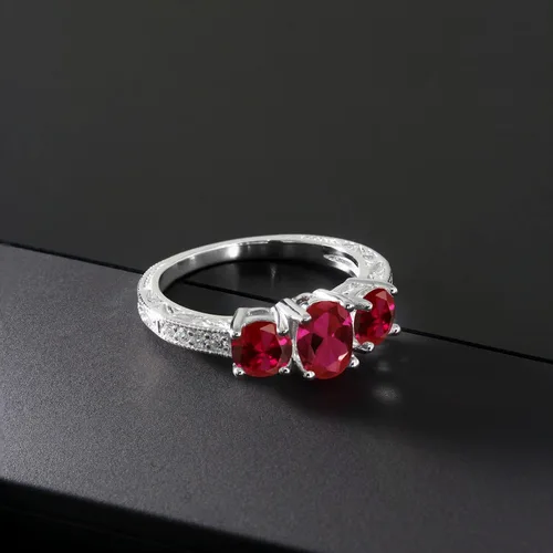 Vista 85 de Gem Stone King Anillo de compromiso de 3 piedras preciosas de oro blanco de 10 quilates con piedra natal y diamantes cultivados en laboratorio