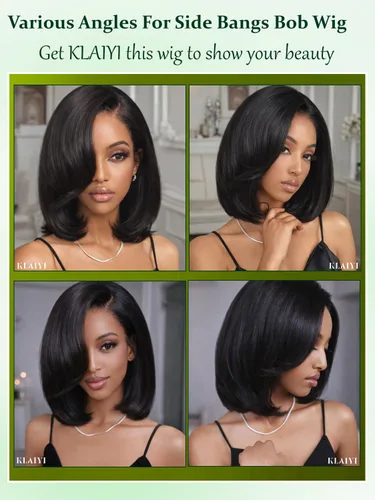 Vista 6 de KLAIYI Peluca de cabello humano con encaje frontal precortada 7x5, corte Bob en capas, corte romo, cordón sin pegamento, peluca predepilada