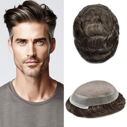 Vista 32 de Monofilamento fino para hombre, sistema de cabello humano Remy, piel de polietileno transparente alrededor del postizo de monofilamento, peluca