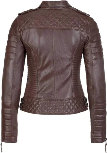 Vista 3 de Chaqueta de piel de cordero auténtica para mujer, acolchada para motocicleta, abrigo de moda marrón
