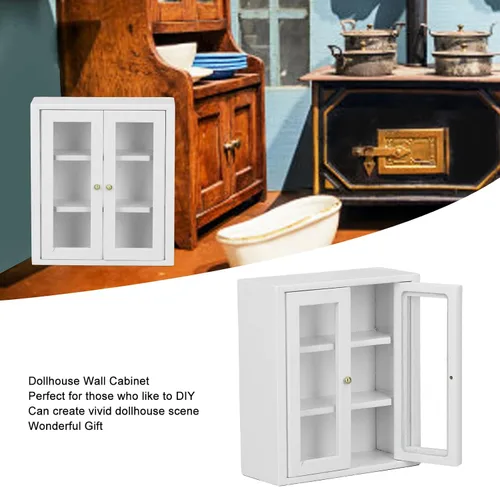 Vista 7 de Gabinete de pared para casa de muñecas 1:12, gabinete de cocina miniatura de madera para accesorios de casa de muñecas (blanco)