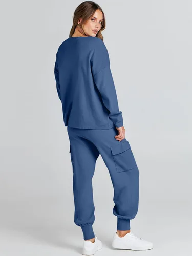 Vista 5 de ANRABESS Conjuntos de dos piezas para mujer, conjuntos de suéter de punto de manga larga, sin botones, pantalones cargo para correr, conjuntos a
