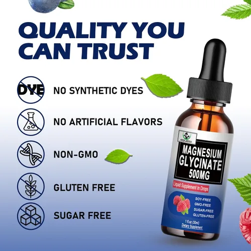 Vista 6 de Glicinato de magnesio puro Suplemento de magnesio líquido de 500 mg para sueño, nervios, huesos y salud cardíaca Gotas líquidas veganas