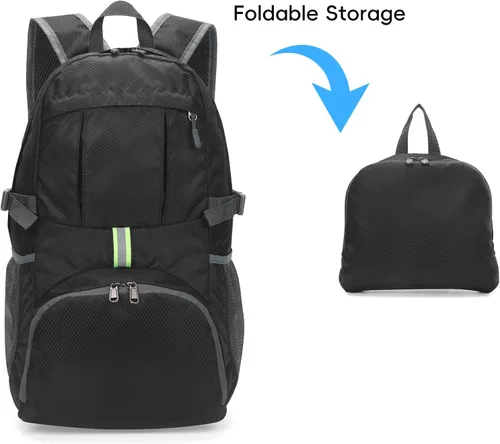 Vista 5 de Yaopeing Mochila ligera, plegable de 25 litros, resistente al agua, bolsa de hombro de viaje al aire libre para mujeres y hombres, color negro