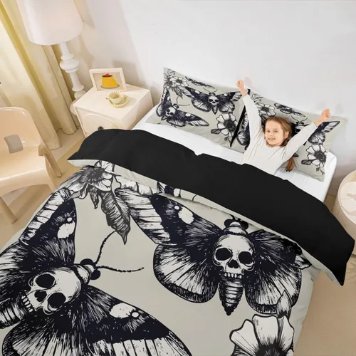 Vista 4 de Juego de funda de edredón con diseño de calavera, tamaño individual, con estampado de polillas, estilo gótico, funda de edredón para adolescentes