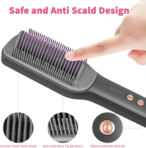 Vista 6 de Cepillo alisador de cabello, cepillo de alisado iónico 2000 para mujeres con 5 temperaturas 20 segundos, calentamiento rápido de doble voltaje