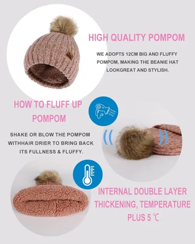 Vista 3 de photios Gorro de punto de invierno para mujer con pompón de piel sintética de punto cálido para mujer