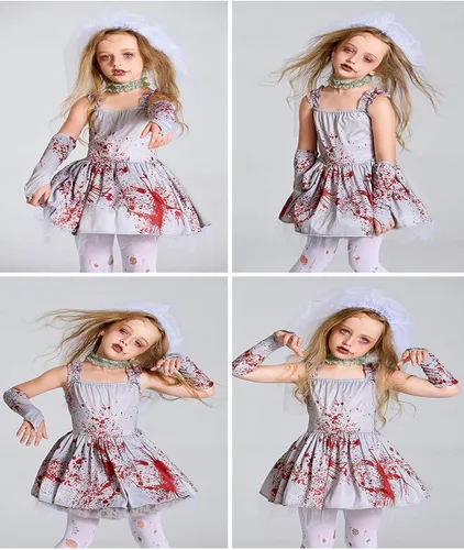 Vista 5 de HUYMHTER Disfraz de novia fantasma para niñas, vampiro, zombi, novia, cosplay, tutú para niños, vestido gótico sangriento para Halloween, cosplay