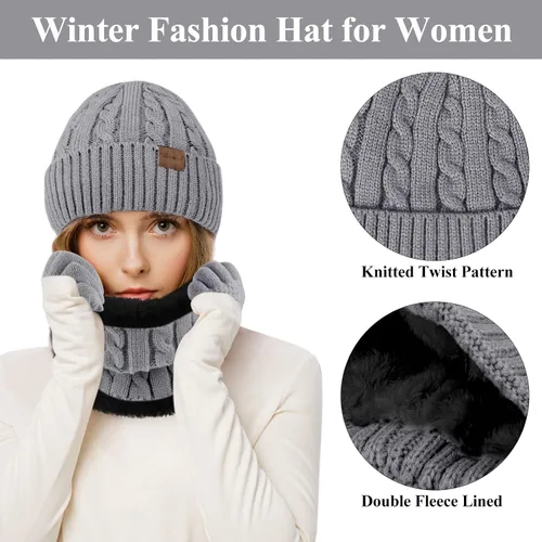 Vista 3 de Conjunto de gorro, bufanda, guantes para pantalla táctil, para mujer, con forro polar cálido, gorro de calavera, calentador de cuello, regalos