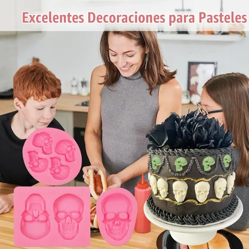 Vista 5 de Moldes de silicona 3D de calavera de esqueleto para Halloween, 3 piezas, para fiesta de Halloween, chocolate, caramelo, arcilla para decoración