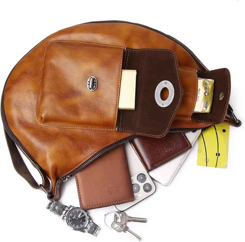 Vista 5 de Bolso bandolera de cuero genuino para hombres y mujeres, mochila en el pecho, bandolera, casual, al aire libre