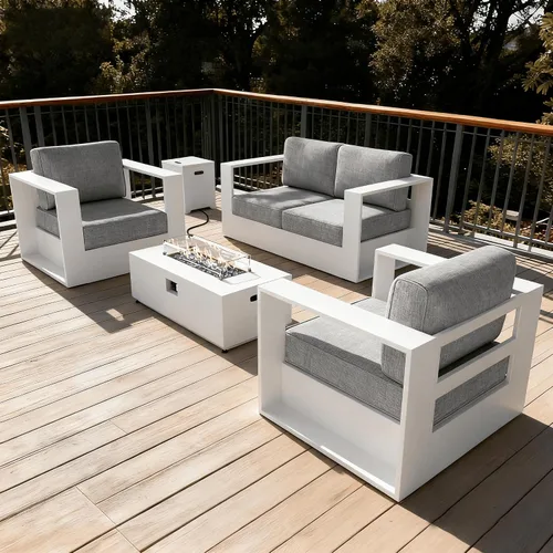 Vista 31 de LayinSun - Juego de muebles de exterior de aluminio de gran tamaño de 5 piezas con mesa auxiliar Negro/Gris oscuro