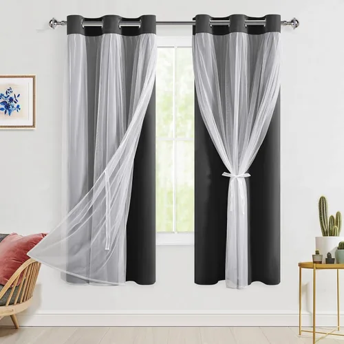 Vista 51 de Hiasan Cortinas opacas con superposición transparente, aislamiento térmico para mezclar y combinar de doble capa, cortinas de oscurecimiento de Beige