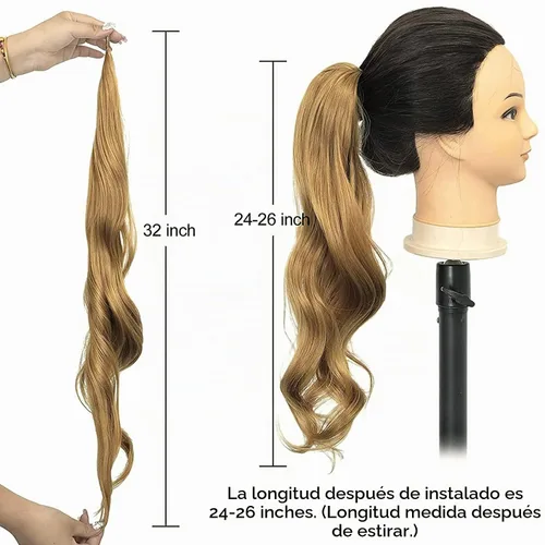 Vista 6 de Chicmoi Extensión de Cola de Caballo Negra de 32 Pulgadas Flexible, Envolvente, Extensiones de Cabello Ondulado Largo para Mujeres y Niñas, Cabello