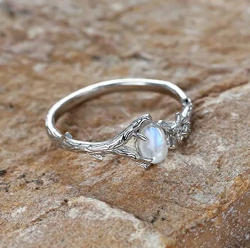 Vista 4 de HUKQBUNX - Anillo de plata de ley 925 con piedra lunar natural, rama femenina, flor y dama, anillo de compromiso brillante para boda, fiesta