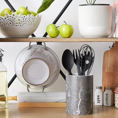 Vista 4 de DII Soporte de cerámica para utensilios de cocina, patrón de mármol negro