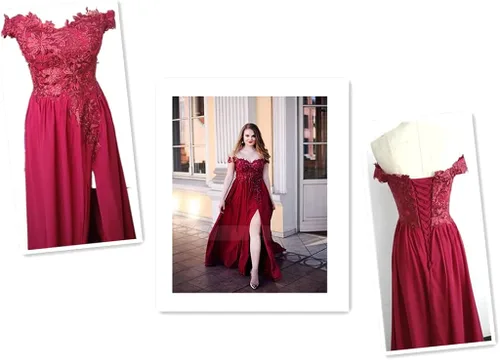 Vista 6 de Womens Off The Shoulder Prom Dresses Side Slit Lace Applique Long Chiffon Formal Evening Party Gowns