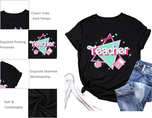 Vista 5 de Camisetas para profesores de ABCD para mujer, camiseta de manga corta para B-Negro