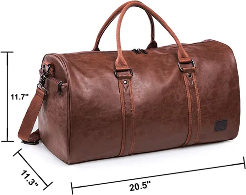 Vista 10 de Bolsa de viaje de cuero con bolsa para zapatos, bolsa impermeable para fin de semana, bolsa de lona de mano para hombres y mujeres, color negro