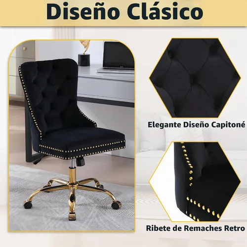 Vista 4 de ABET - Silla giratoria de terciopelo para escritorio, respaldo alto copetudo, sin brazos dorados, color negro
