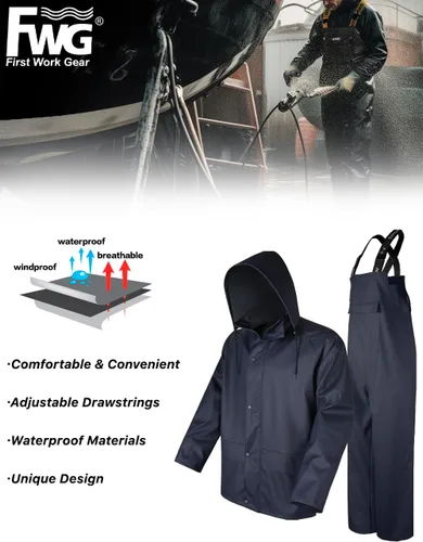 Vista 2 de FWG Traje de lluvia para hombre, chaqueta de trabajo impermeable resistente y pantalones con capucha
