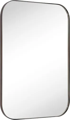 Vista 10 de Espejo de pared rectangular redondeado de níquel cepillado de 22 x 30 pulgadas, espejo de pared rectangular con marco de metal de acero inoxidable