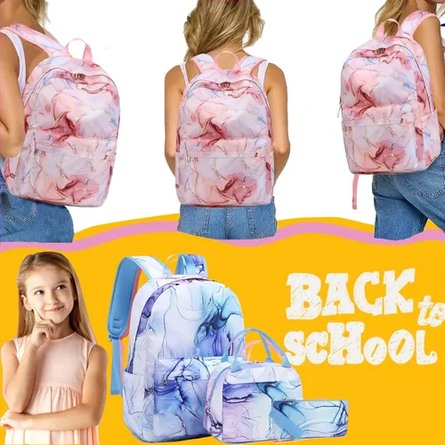 Vista 2 de Jumpopack Mochila escolar para adolescentes y niñas, mochila con lonchera, mochilas para niños para escuela primaria, bolsa de libros (azul mármol)